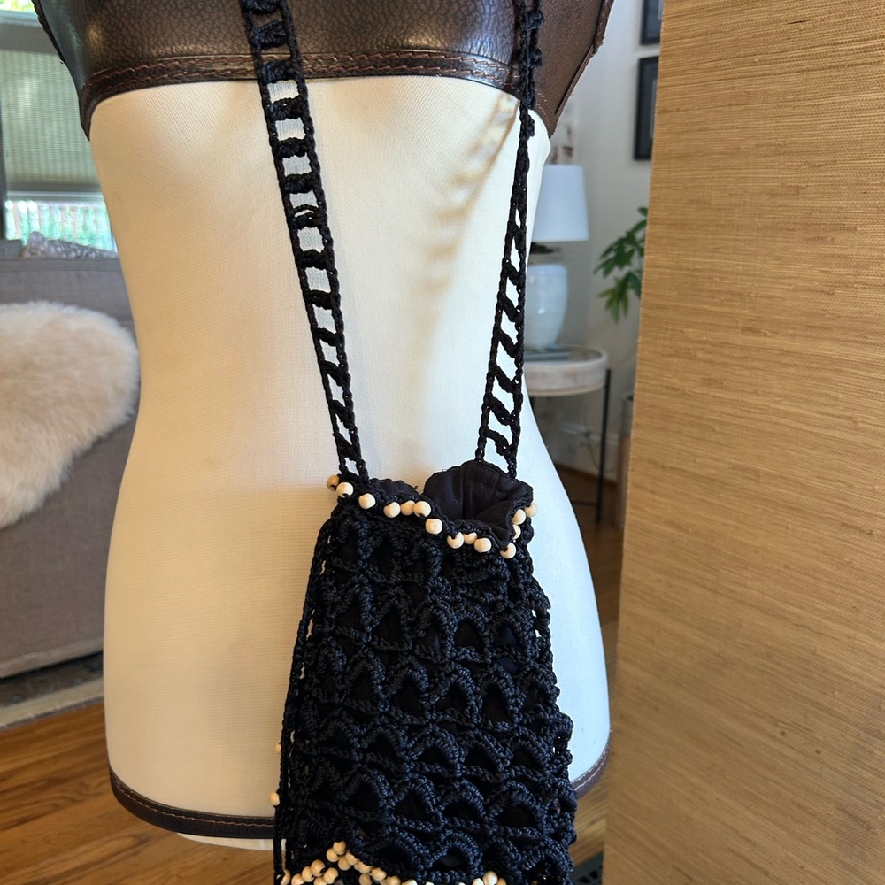 Free People Black Crochet Bag with Bead Accents